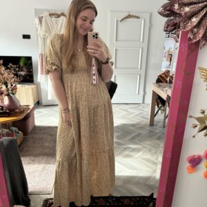 Smocked dress flowers beige